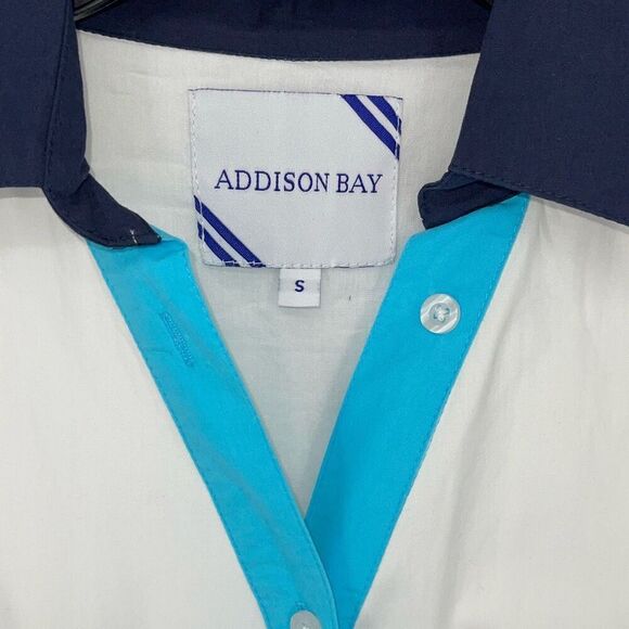 ADDISON BAY ISLE DRESS 100% Poplin Cotton White Blue Pipping Drop Waist Midi Sma - Picture 8 of 11